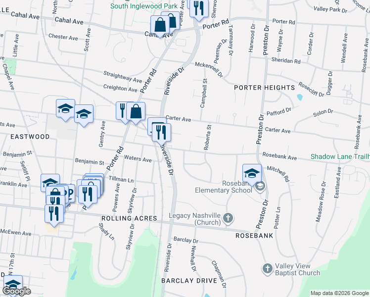map of restaurants, bars, coffee shops, grocery stores, and more near 314 Rosebank Avenue in Nashville