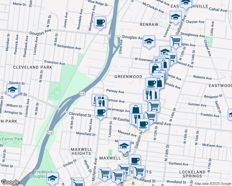 map of restaurants, bars, coffee shops, grocery stores, and more near 916 Petway Avenue in Nashville