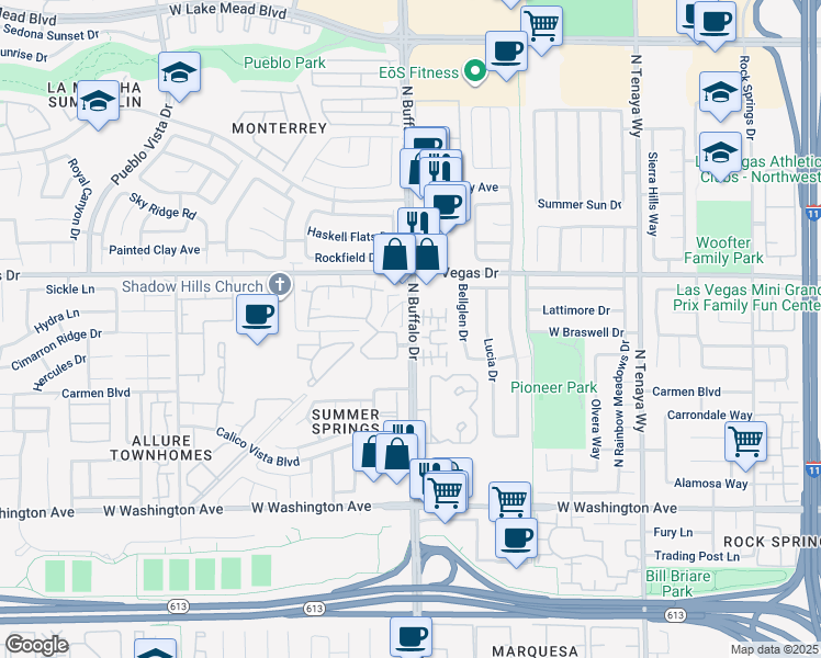 map of restaurants, bars, coffee shops, grocery stores, and more near Buffalo Drive in Las Vegas