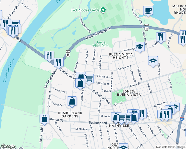 map of restaurants, bars, coffee shops, grocery stores, and more near 2402B Hyde Street in Nashville