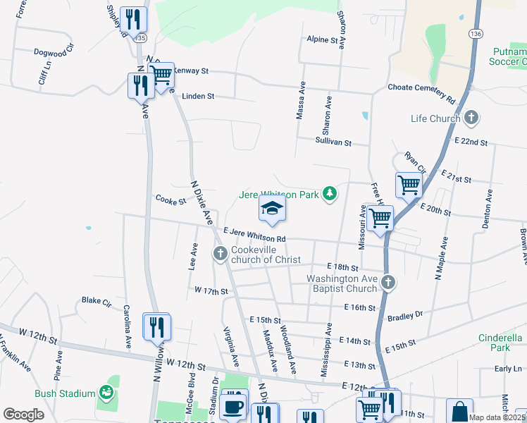 map of restaurants, bars, coffee shops, grocery stores, and more near 180 East Jere Whitson Road in Cookeville
