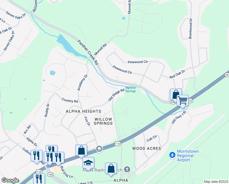 map of restaurants, bars, coffee shops, grocery stores, and more near 5430 Old Stage Road in Morristown