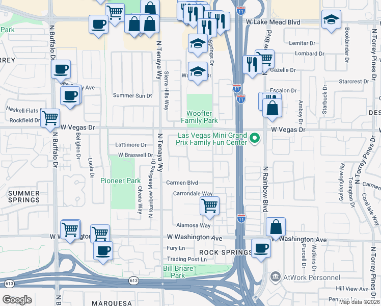 map of restaurants, bars, coffee shops, grocery stores, and more near 1405 Wintergreen Drive in Las Vegas