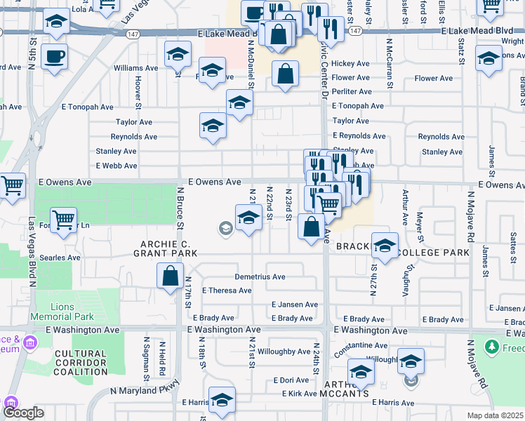 map of restaurants, bars, coffee shops, grocery stores, and more near 1520 North 21st Street in Las Vegas