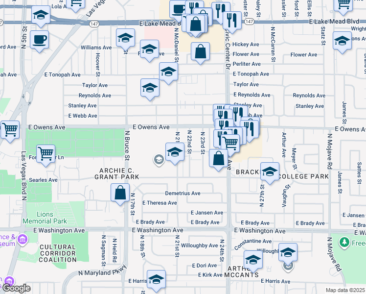 map of restaurants, bars, coffee shops, grocery stores, and more near 1520 North 21st Street in Las Vegas