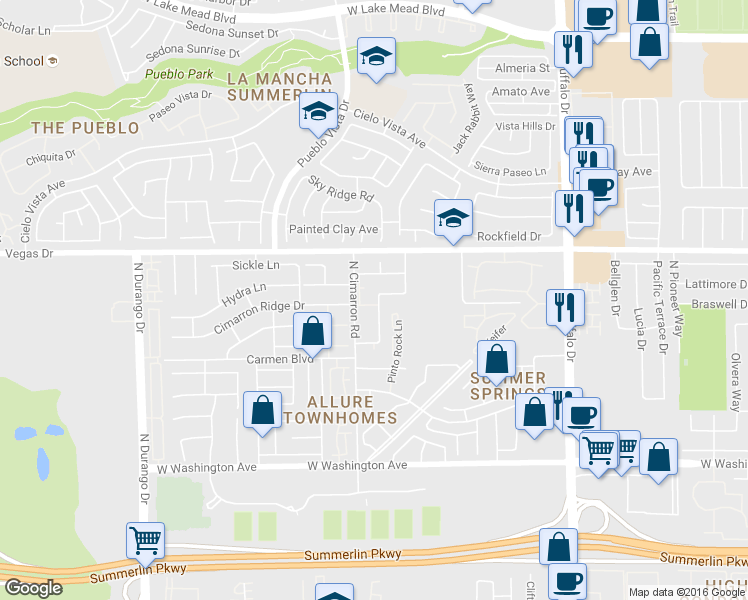 map of restaurants, bars, coffee shops, grocery stores, and more near 1412 Oak Rock Drive in Las Vegas