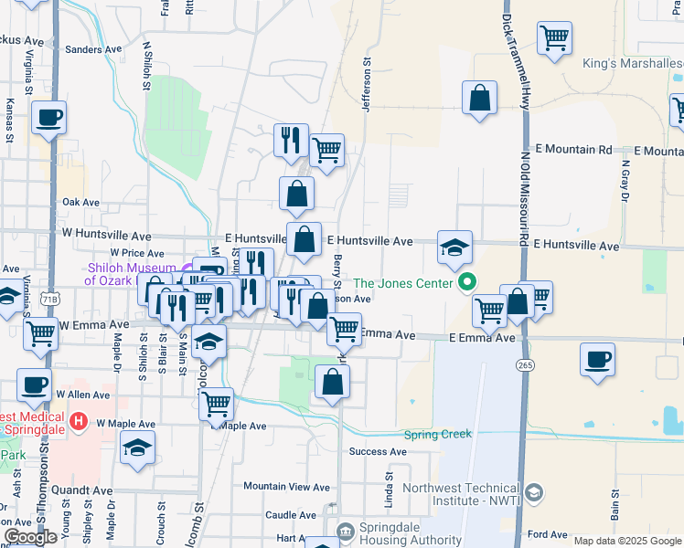 map of restaurants, bars, coffee shops, grocery stores, and more near 318 Berry Street in Springdale