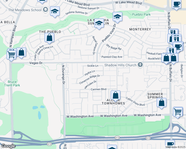 map of restaurants, bars, coffee shops, grocery stores, and more near 8144 Cimarron Ridge Drive in Las Vegas
