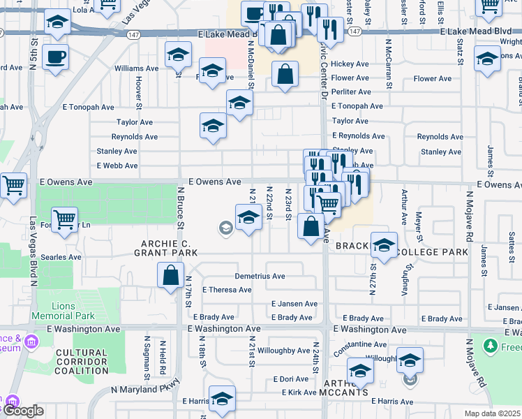 map of restaurants, bars, coffee shops, grocery stores, and more near 1520 North 21st Street in Las Vegas