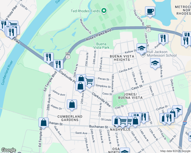 map of restaurants, bars, coffee shops, grocery stores, and more near 2402B Hyde Street in Nashville