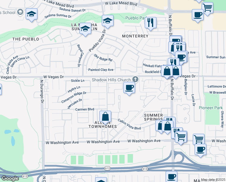 map of restaurants, bars, coffee shops, grocery stores, and more near 1412 Oak Rock Drive in Las Vegas
