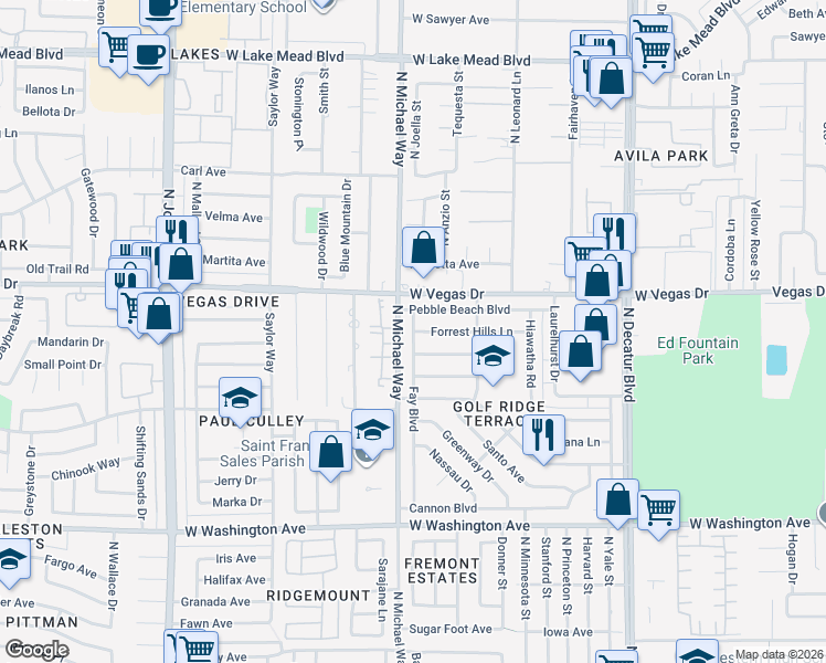 map of restaurants, bars, coffee shops, grocery stores, and more near Forrest Hills Lane in Las Vegas