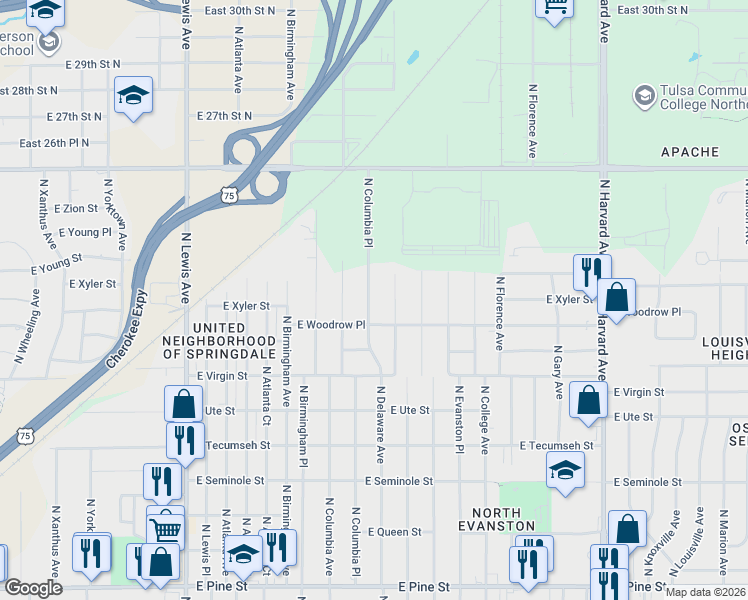 map of restaurants, bars, coffee shops, grocery stores, and more near 2247 North Columbia Place in Tulsa