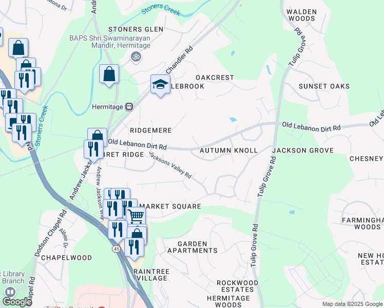 map of restaurants, bars, coffee shops, grocery stores, and more near 1454 Autumn Knoll Road in Nashville