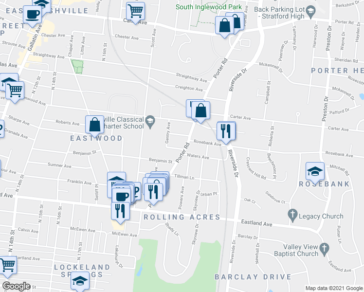 map of restaurants, bars, coffee shops, grocery stores, and more near 2113 Early Avenue in Nashville