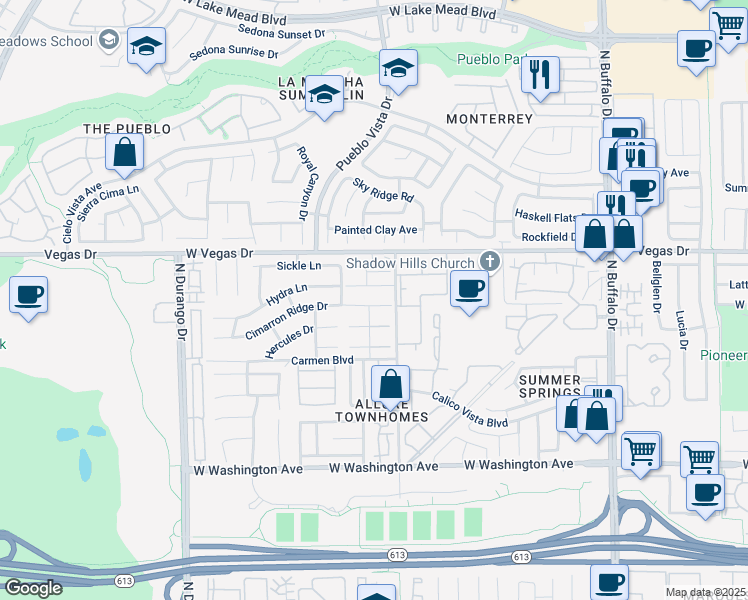 map of restaurants, bars, coffee shops, grocery stores, and more near 8020 Cimarron Ridge Drive in Las Vegas