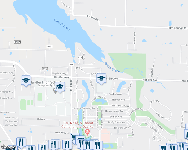 map of restaurants, bars, coffee shops, grocery stores, and more near 6871 Cutter Court in Springdale