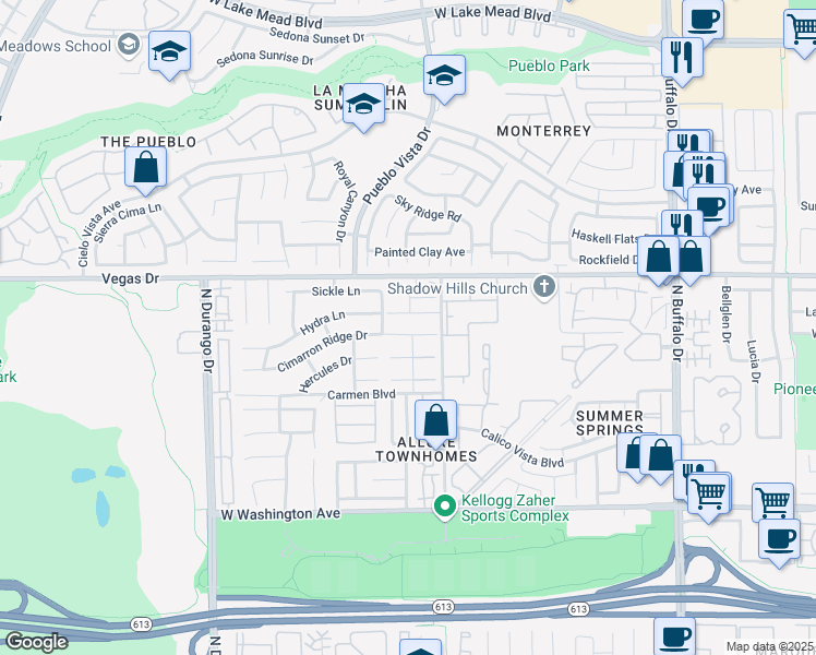 map of restaurants, bars, coffee shops, grocery stores, and more near 8052 Cimarron Ridge Drive in Las Vegas
