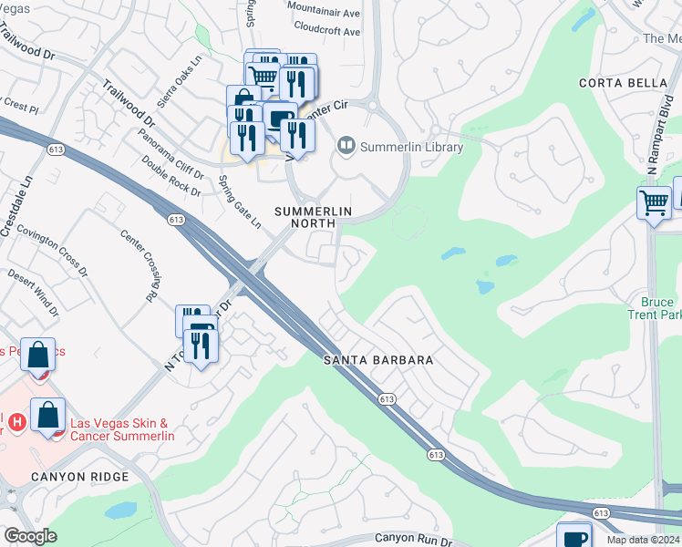map of restaurants, bars, coffee shops, grocery stores, and more near 1405 San Juan Hills Drive in Las Vegas