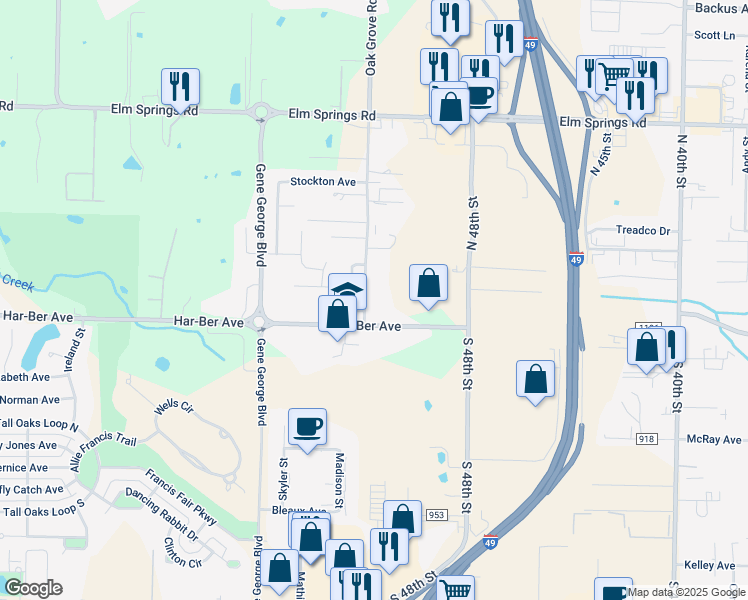 map of restaurants, bars, coffee shops, grocery stores, and more near 243 Milas Street in Springdale