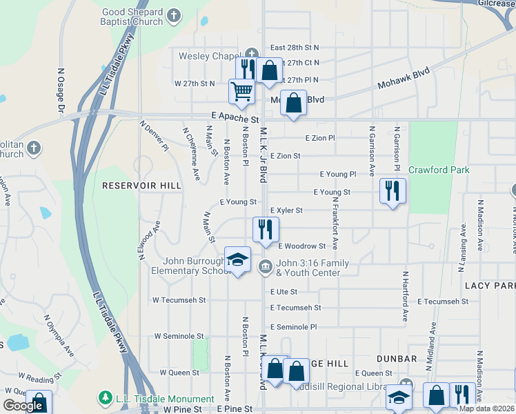 map of restaurants, bars, coffee shops, grocery stores, and more near 137 East Young Street in Tulsa