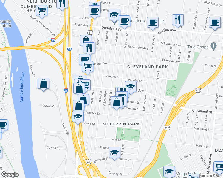 map of restaurants, bars, coffee shops, grocery stores, and more near Cleveland Street & Stockell Street in Nashville