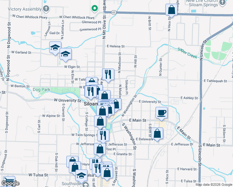 map of restaurants, bars, coffee shops, grocery stores, and more near 305 East Ashley Street in Siloam Springs