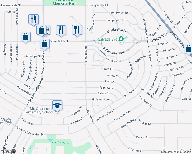 map of restaurants, bars, coffee shops, grocery stores, and more near 1881 East David Street in Pahrump