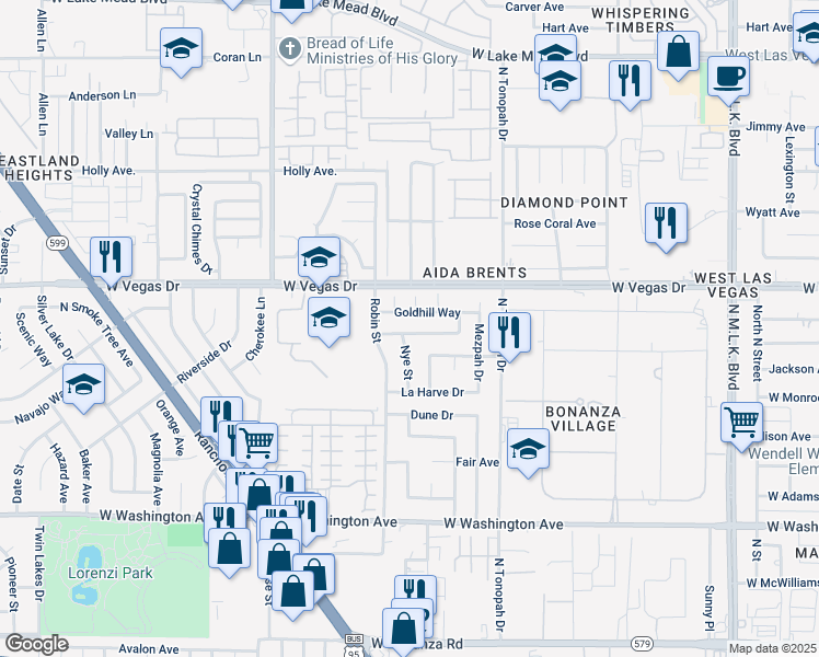 map of restaurants, bars, coffee shops, grocery stores, and more near 2233 Goldhill Way in Las Vegas
