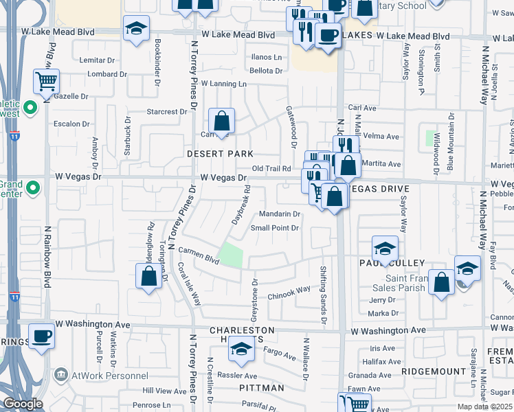 map of restaurants, bars, coffee shops, grocery stores, and more near 1524 Valley Crest Street in Las Vegas