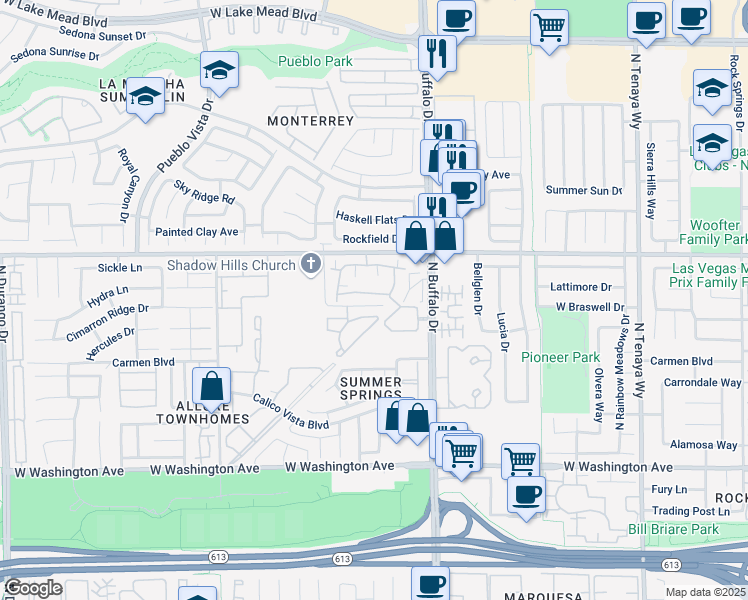 map of restaurants, bars, coffee shops, grocery stores, and more near 7708 Himalayas Avenue in Las Vegas