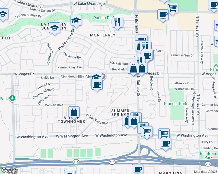 map of restaurants, bars, coffee shops, grocery stores, and more near 1505 Blackcombe Street in Las Vegas