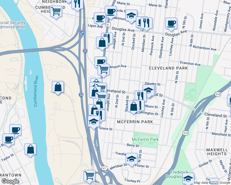 map of restaurants, bars, coffee shops, grocery stores, and more near 203A Cleveland Street in Nashville