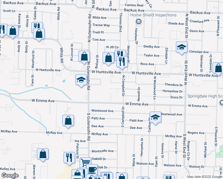 map of restaurants, bars, coffee shops, grocery stores, and more near 2006 Horseshoe Drive in Springdale