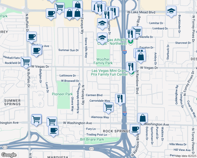 map of restaurants, bars, coffee shops, grocery stores, and more near 7028 Brown Derby Circle in Las Vegas