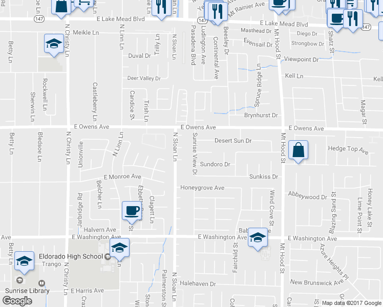 map of restaurants, bars, coffee shops, grocery stores, and more near 1491 Sunrise View Drive in Las Vegas