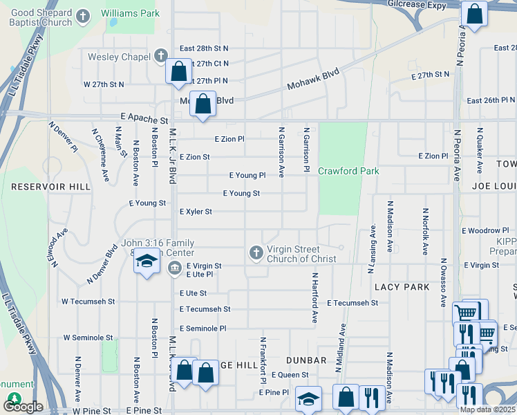 map of restaurants, bars, coffee shops, grocery stores, and more near 519 East Xyler Street in Tulsa