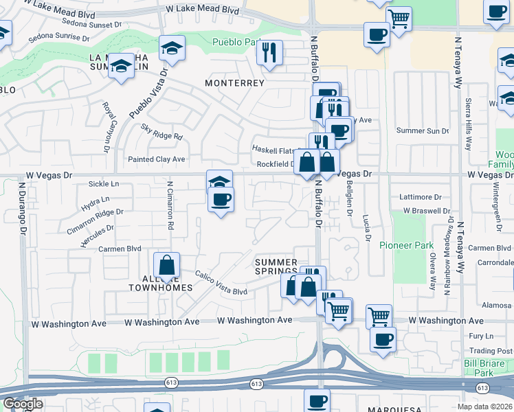 map of restaurants, bars, coffee shops, grocery stores, and more near 7717 Himalayas Avenue in Las Vegas
