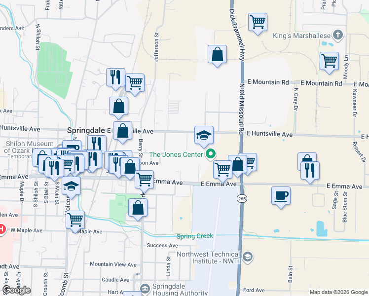 map of restaurants, bars, coffee shops, grocery stores, and more near 312 Ruby Street in Springdale