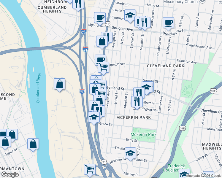 map of restaurants, bars, coffee shops, grocery stores, and more near 121 Cleveland Street in Nashville