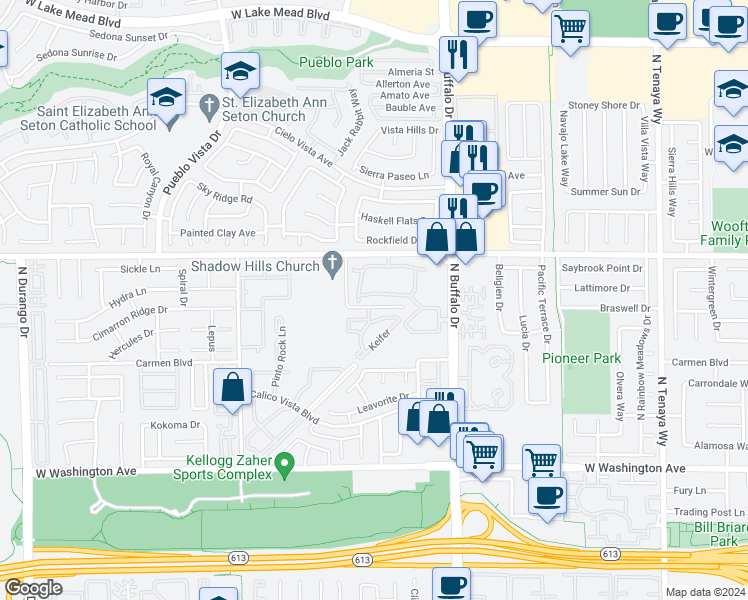 map of restaurants, bars, coffee shops, grocery stores, and more near 7708 Himalayas Avenue in Las Vegas