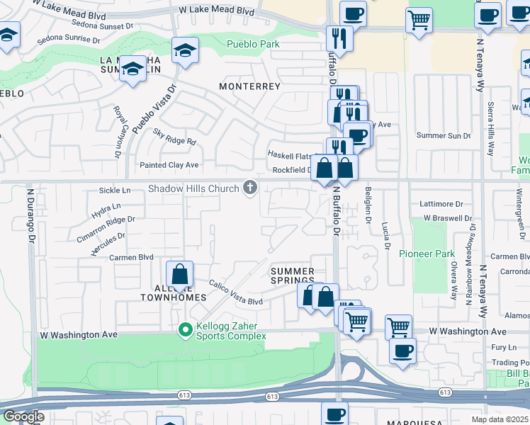 map of restaurants, bars, coffee shops, grocery stores, and more near 1501 Blackcombe Street in Las Vegas