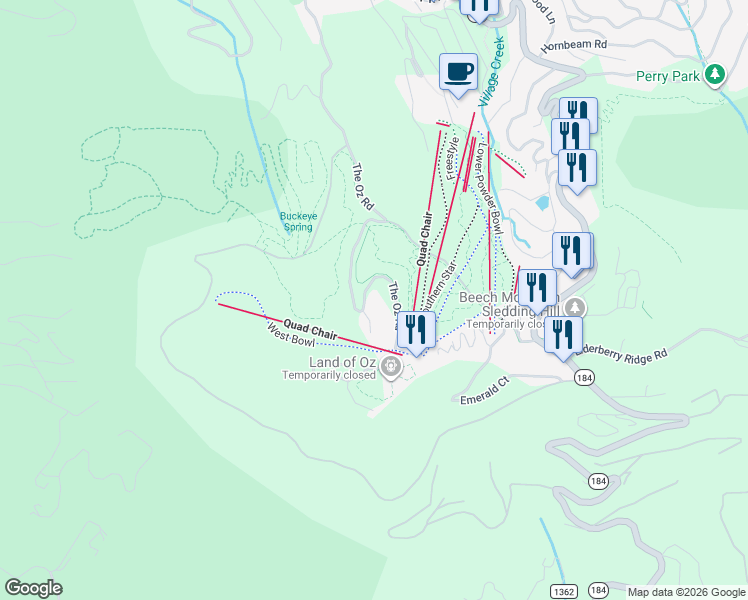 map of restaurants, bars, coffee shops, grocery stores, and more near 404 The Oz Road in Beech Mountain