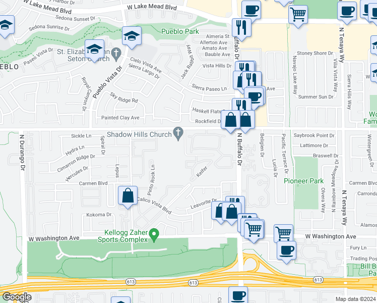 map of restaurants, bars, coffee shops, grocery stores, and more near 1501 Blackcombe Street in Las Vegas