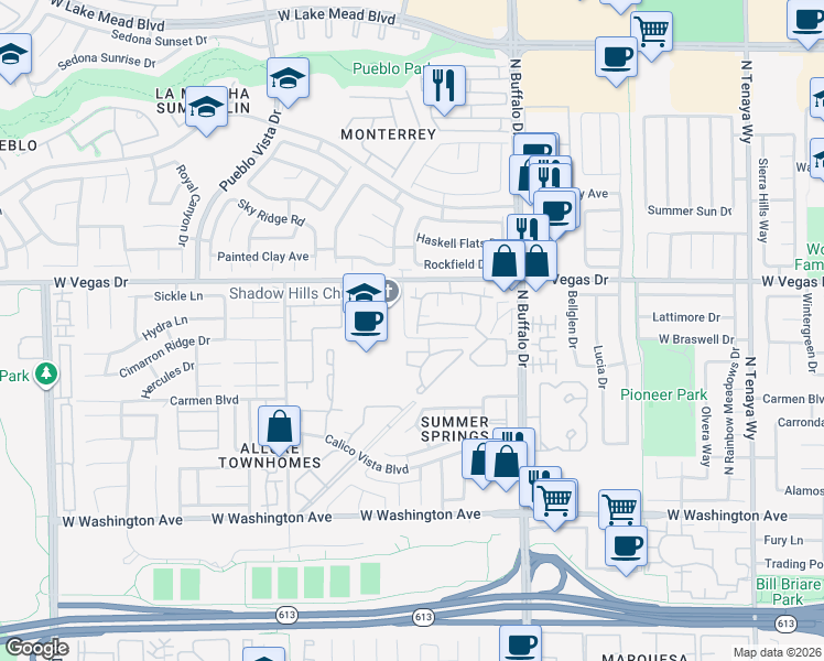 map of restaurants, bars, coffee shops, grocery stores, and more near 1505 Blackcombe Street in Las Vegas