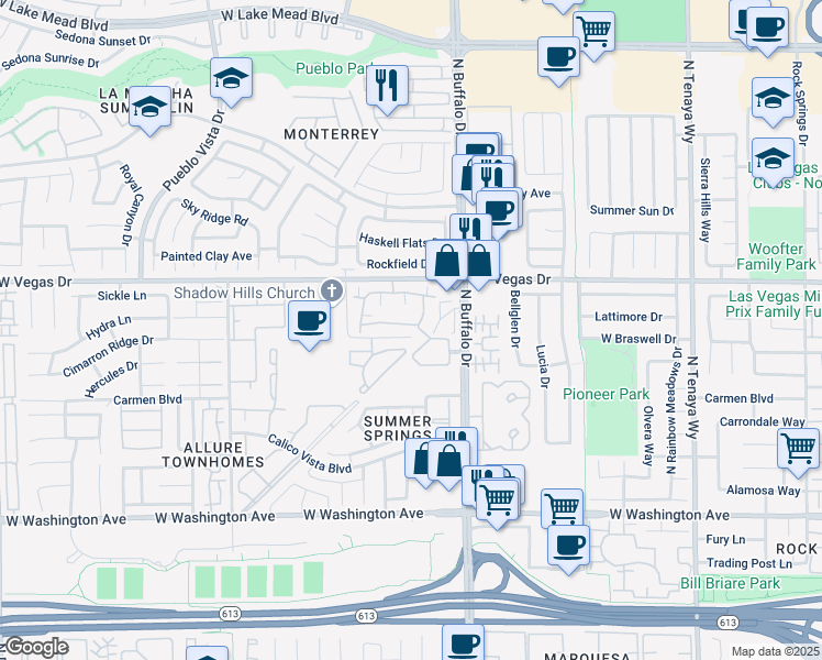 map of restaurants, bars, coffee shops, grocery stores, and more near 7701 Himalayas Avenue in Las Vegas