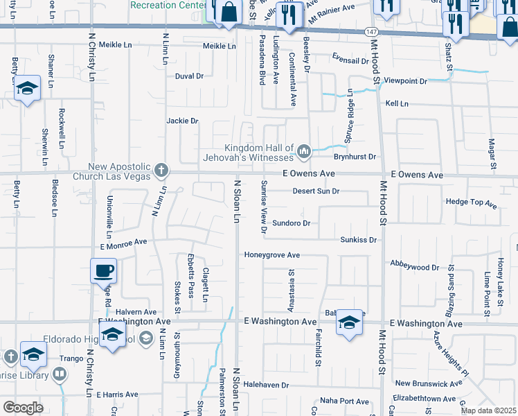 map of restaurants, bars, coffee shops, grocery stores, and more near 1491 Sunrise View Drive in Las Vegas