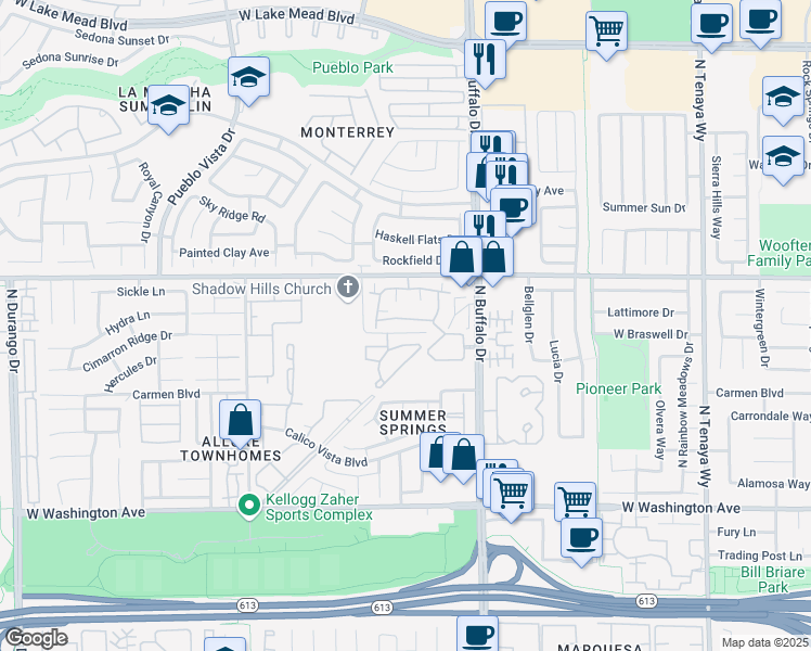 map of restaurants, bars, coffee shops, grocery stores, and more near 7709 Himalayas Avenue in Las Vegas