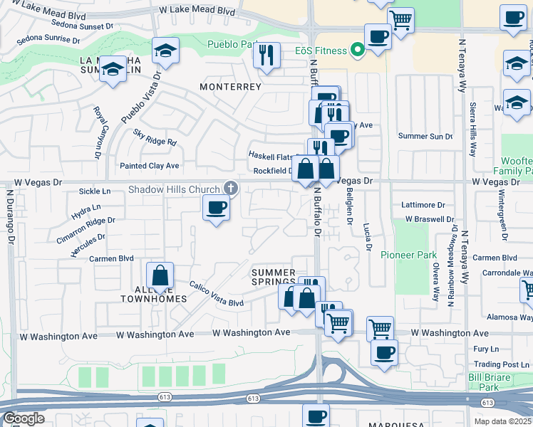 map of restaurants, bars, coffee shops, grocery stores, and more near 7709 Himalayas Avenue in Las Vegas