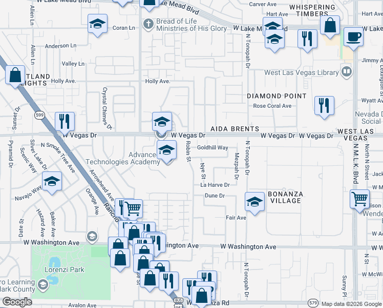 map of restaurants, bars, coffee shops, grocery stores, and more near 1432 Robin Street in Las Vegas
